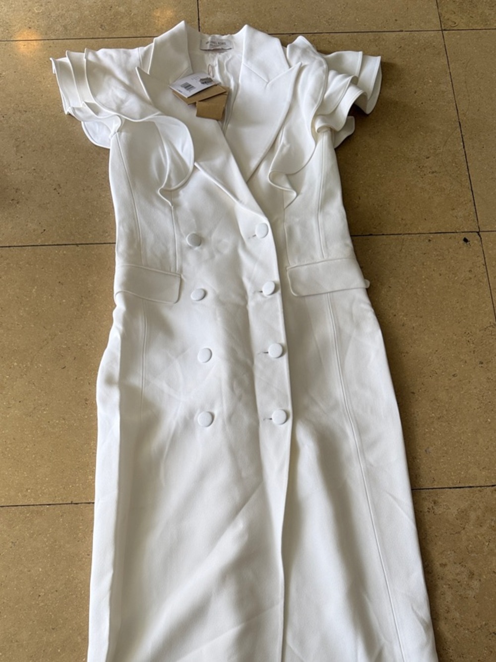 Michael Kors Collection White Double-Breasted Ruffle Sleeve Maxi Dress